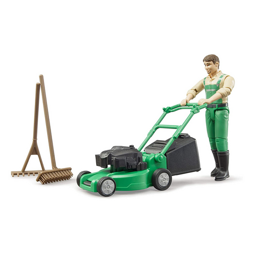 Gardener with Lawn Mower and Accessories
