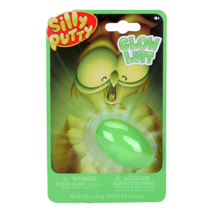Silly Putty Glow, a green egg inside its packaging