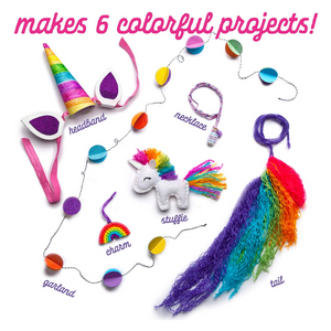 Makes 6 colorful projects: headband, necklace, stuffie, charm, garland and tail